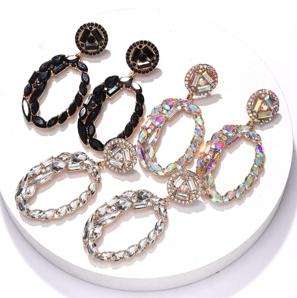 BLACK Oval Dangle Earrings Crystal Geometric Ellipse Drop Statement Earrings